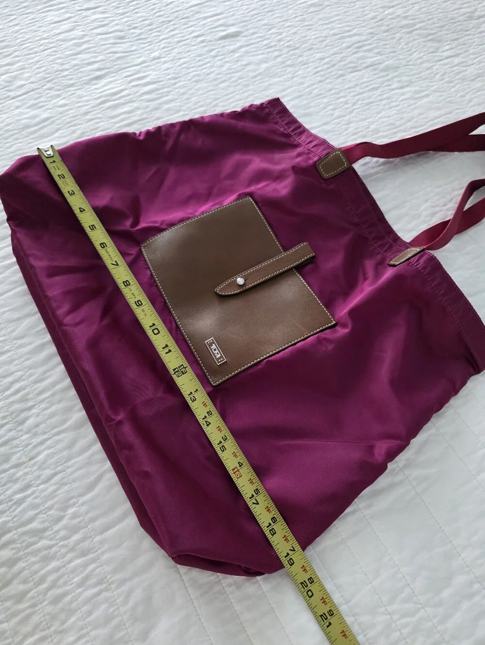 Tumi Roll Up BagWomen's Magenta Nylon Tote with Brown Leather Pocket